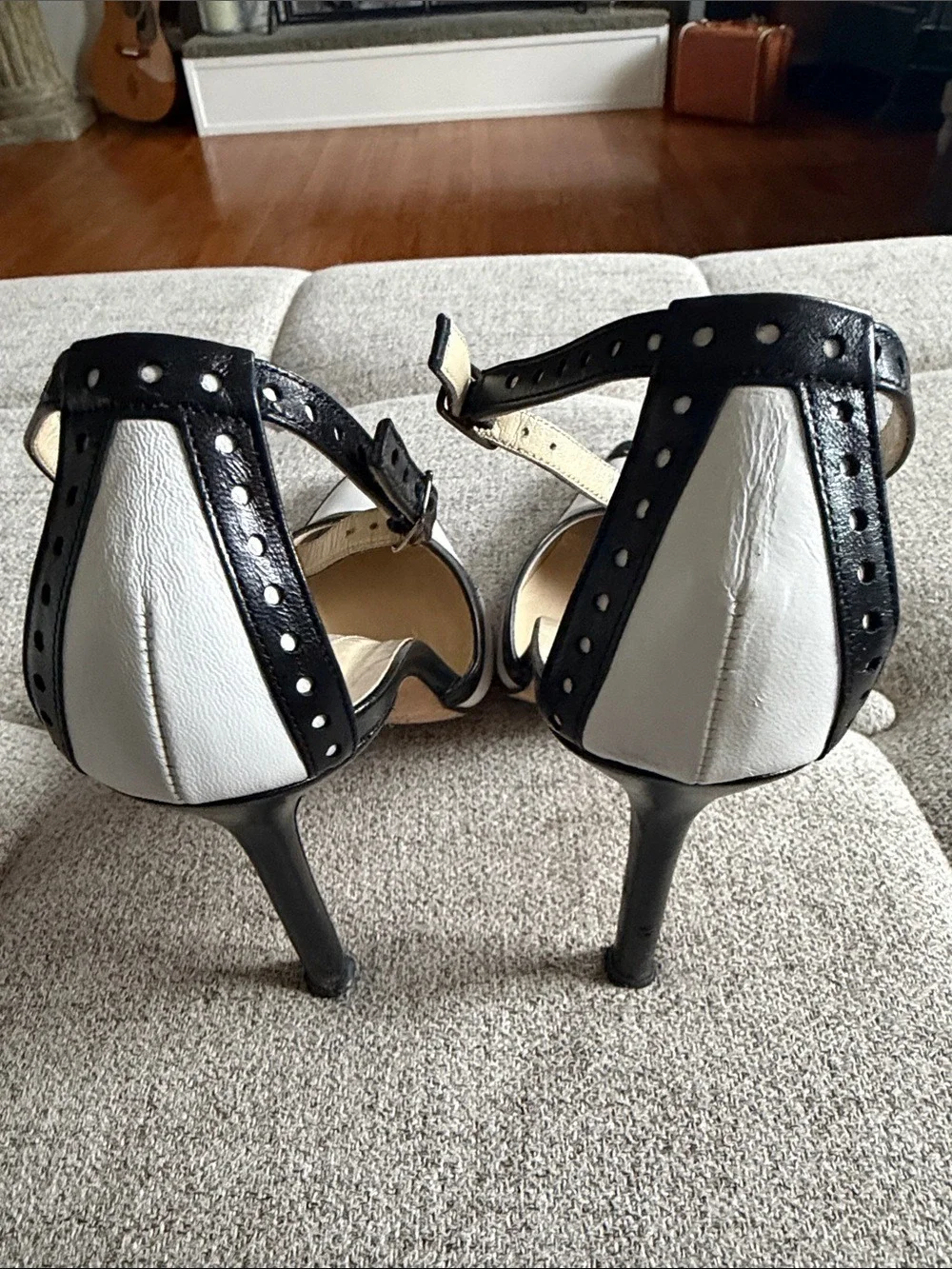 Michael Kors Black /white Leather Ankle Strap heels Menswear Inspired Sz6 Italy